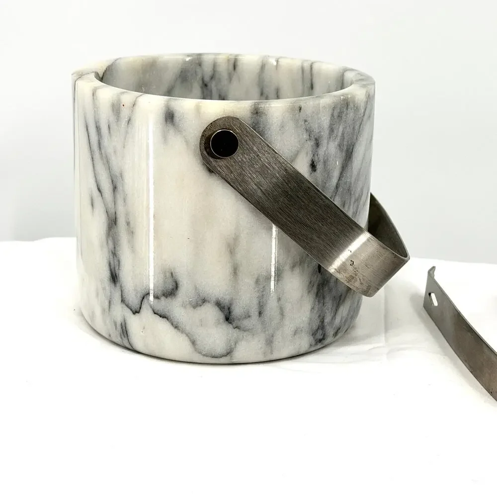 Vintage 70s White Grey Solid Marble Hollywood Regency Heavy Barware Ice Bucket